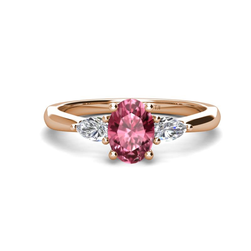 Honora 9x7 mm Oval Shape Pink Tourmaline and Pear Shape Diamond Three Stone Engagement Ring 