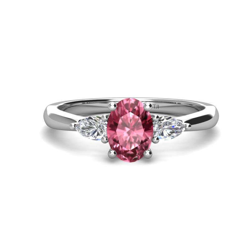 Honora 9x7 mm Oval Shape Pink Tourmaline and Pear Shape Diamond Three Stone Engagement Ring 