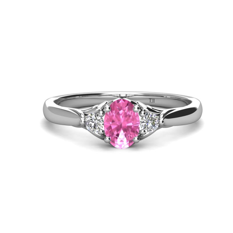 Gianna 7x5 mm Oval Shape Pink Sapphire and Round Diamond Three Stone Engagement Ring 