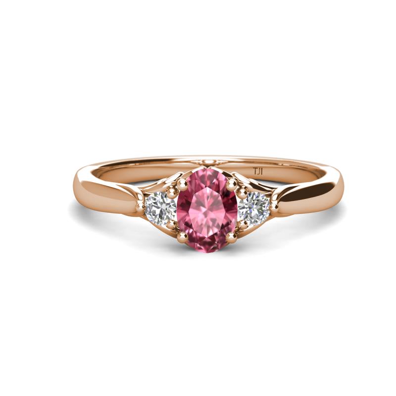 Gianna 7x5 mm Oval Shape Pink Tourmaline and Round Diamond Three Stone Engagement Ring 