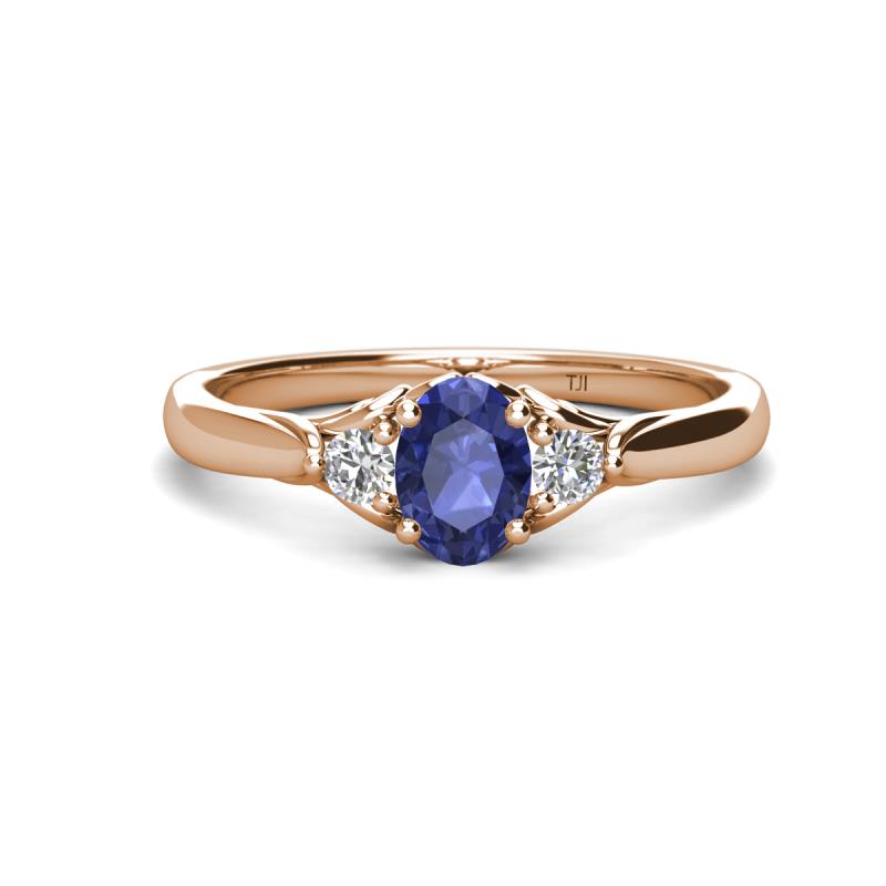 Gianna 7x5 mm Oval Shape Iolite and Round Diamond Three Stone Engagement Ring 