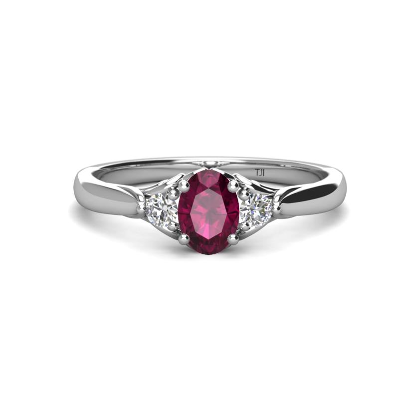 Gianna 7x5 mm Oval Shape Rhodolite Garnet and Round Diamond Three Stone Engagement Ring 
