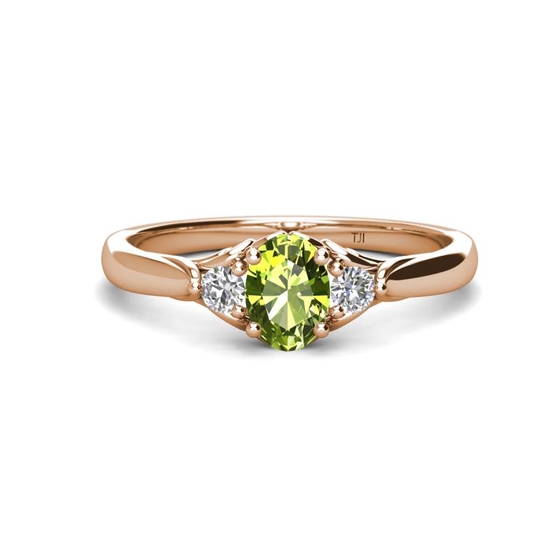 Gianna 7x5 mm Oval Shape Peridot and Round Diamond Three Stone Engagement Ring 