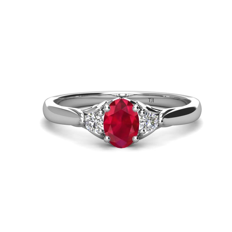 Gianna 7x5 mm Oval Shape Ruby and Round Diamond Three Stone Engagement Ring 