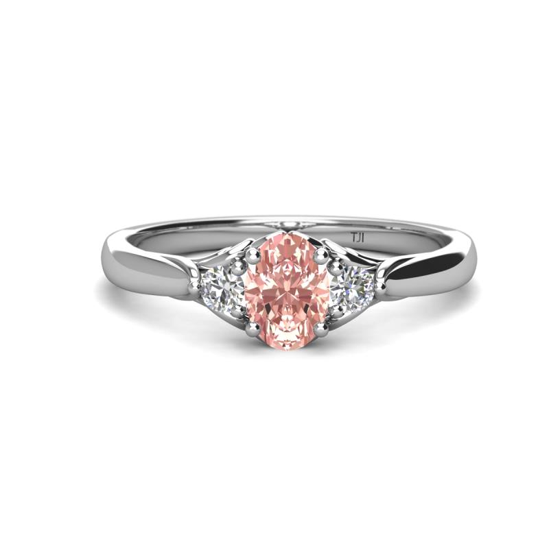 Gianna 7x5 mm Oval Shape Morganite and Round Diamond Three Stone Engagement Ring 