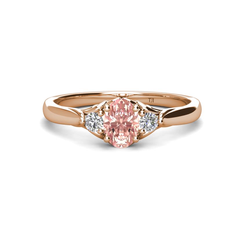 Gianna 7x5 mm Oval Shape Morganite and Round Diamond Three Stone Engagement Ring 