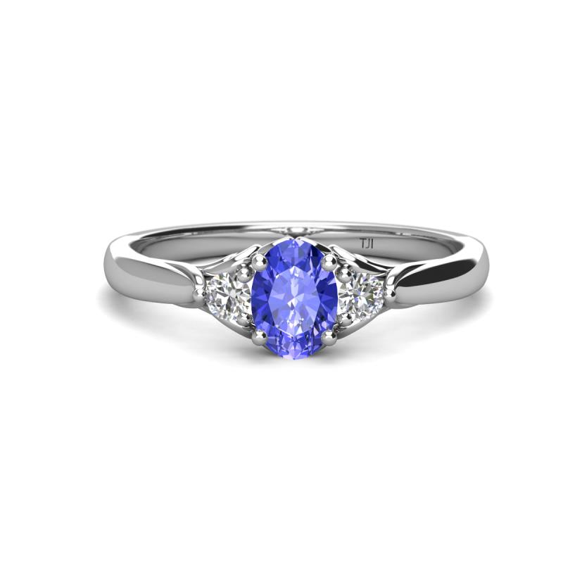 Gianna 7x5 mm Oval Shape Tanzanite and Round Lab Grown Diamond Three Stone Engagement Ring 