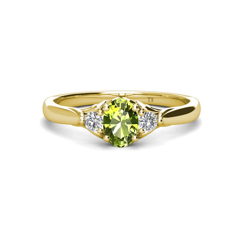 Gianna 7x5 mm Oval Shape Peridot and Round Lab Grown Diamond Three Stone Engagement Ring 