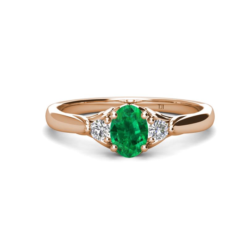 Gianna 7x5 mm Oval Shape Emerald and Round Lab Grown Diamond Three Stone Engagement Ring 