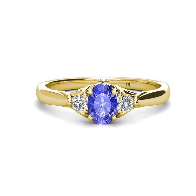 Gianna 7x5 mm Oval Shape Tanzanite and Round Lab Grown Diamond Three Stone Engagement Ring 