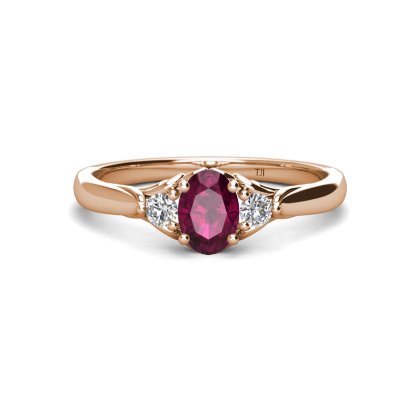 Gianna 7x5 mm Oval Shape Rhodolite Garnet and Round Lab Grown Diamond Three Stone Engagement Ring 
