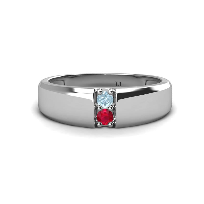 Ethan 3.00 mm Round Aquamarine and Ruby 2 Stone Men Wedding Ring 
