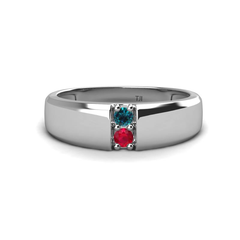 Ethan 3.00 mm Round Blue Diamond and Ruby 2 Stone Men Wedding Ring 