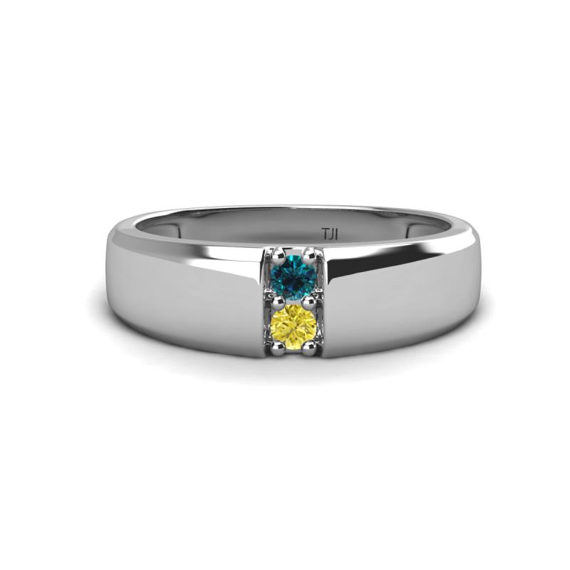 Ethan 3.00 mm Round Blue Diamond and Yellow Diamond 2 Stone Men Wedding Ring 