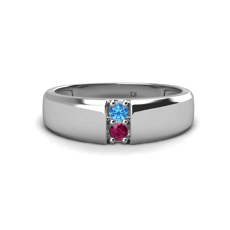 Ethan 3.00 mm Round Blue Topaz and Rhodolite Garnet 2 Stone Men Wedding Ring 