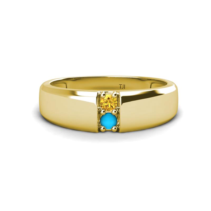 Ethan 3.00 mm Round Citrine and Turquoise 2 Stone Men Wedding Ring 