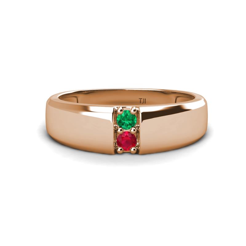 Ethan 3.00 mm Round Emerald and Ruby 2 Stone Men Wedding Ring 