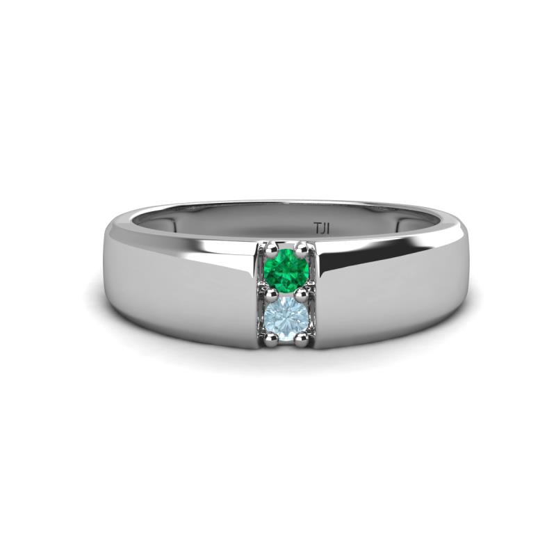 Ethan 3.00 mm Round Emerald and Aquamarine 2 Stone Men Wedding Ring 