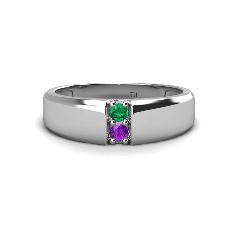 Ethan 3.00 mm Round Emerald and Amethyst 2 Stone Men Wedding Ring 