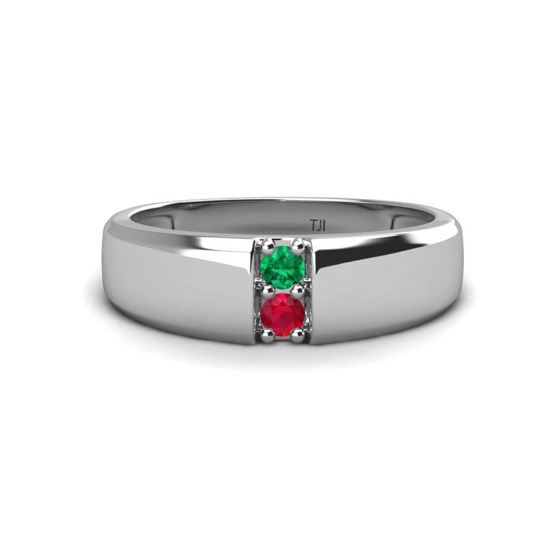 Ethan 3.00 mm Round Emerald and Ruby 2 Stone Men Wedding Ring 