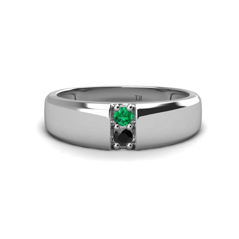 Ethan 3.00 mm Round Emerald and Black Diamond 2 Stone Men Wedding Ring 