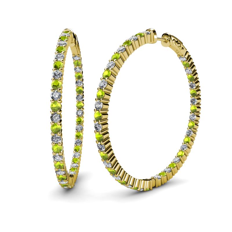 Carisa 6.61 ctw (2.70 mm) Inside Outside Round Peridot and Natural Diamond Eternity Hoop Earrings 