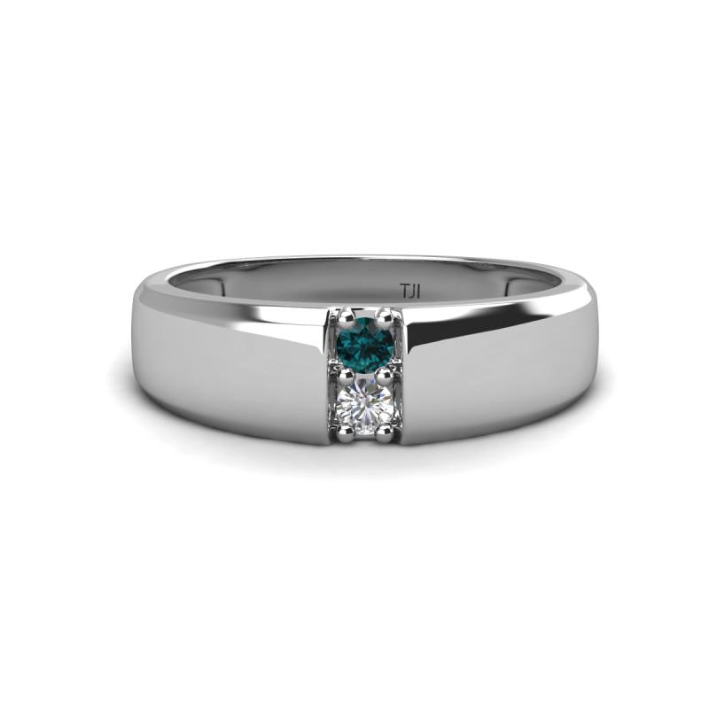 Ethan 3.00 mm Round London Blue Topaz and Forever Brilliant Moissanite 2 Stone Men Wedding Ring 