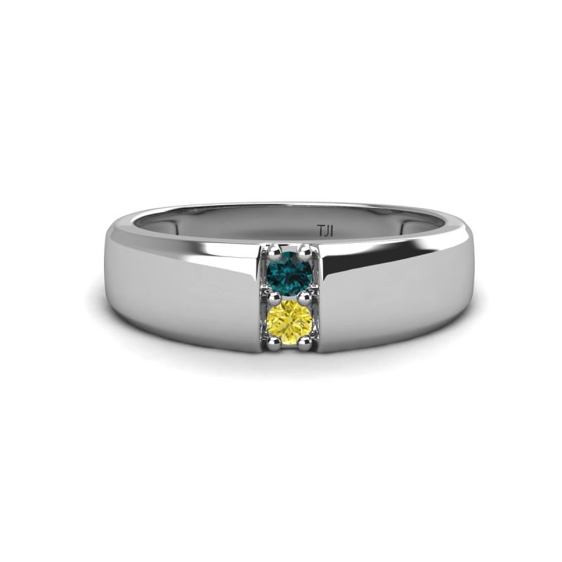 Ethan 3.00 mm Round London Blue Topaz and Yellow Diamond 2 Stone Men Wedding Ring 