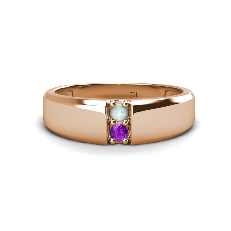 Ethan 3.00 mm Round Opal and Amethyst 2 Stone Men Wedding Ring 