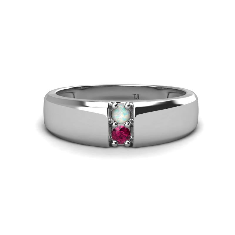 Ethan 3.00 mm Round Opal and Rhodolite Garnet 2 Stone Men Wedding Ring 