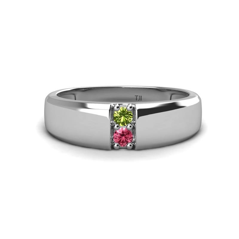 Ethan 3.00 mm Round Peridot and Pink Tourmaline 2 Stone Men Wedding Ring 