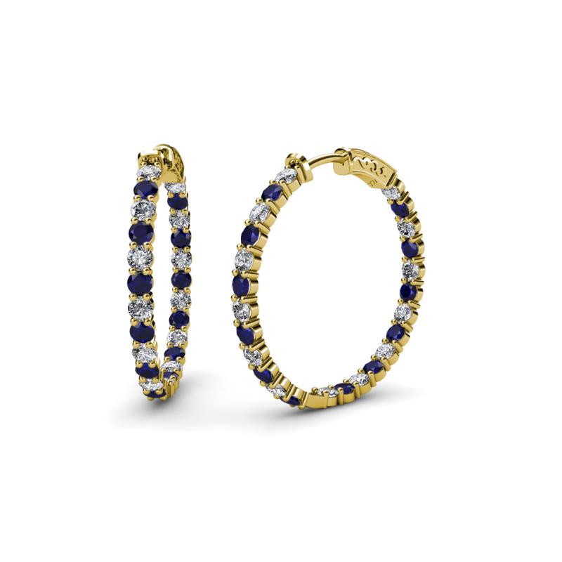 Carisa 1.85 ctw (2.30 mm) Inside Outside Round Blue Sapphire and Natural Diamond Eternity Hoop Earrings 