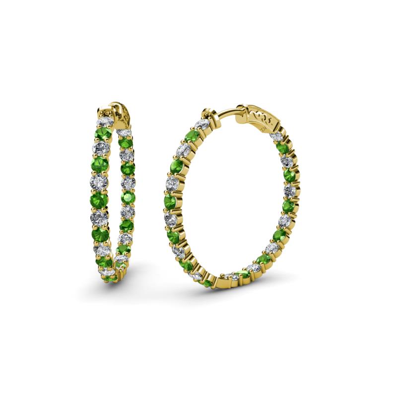 Carisa 1.95 ctw (2.30 mm) Inside Outside Round Green Garnet and Natural Diamond Eternity Hoop Earrings 