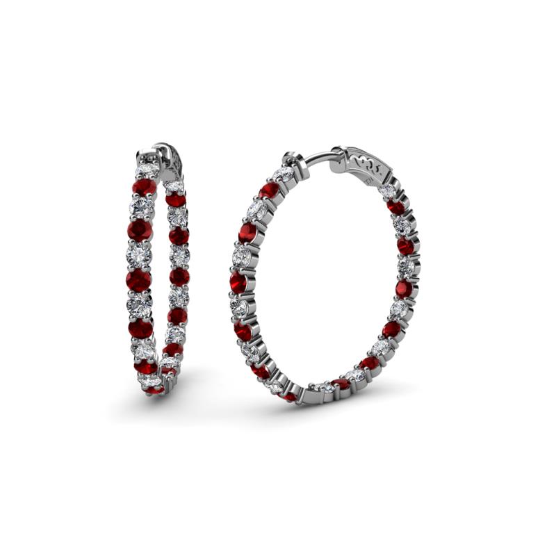 Carisa 1.95 ctw (2.30 mm) Inside Outside Round Red Garnet and Natural Diamond Eternity Hoop Earrings 