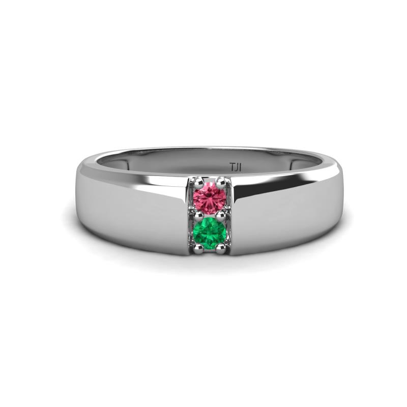 Ethan 3.00 mm Round Pink Tourmaline and Emerald 2 Stone Men Wedding Ring 