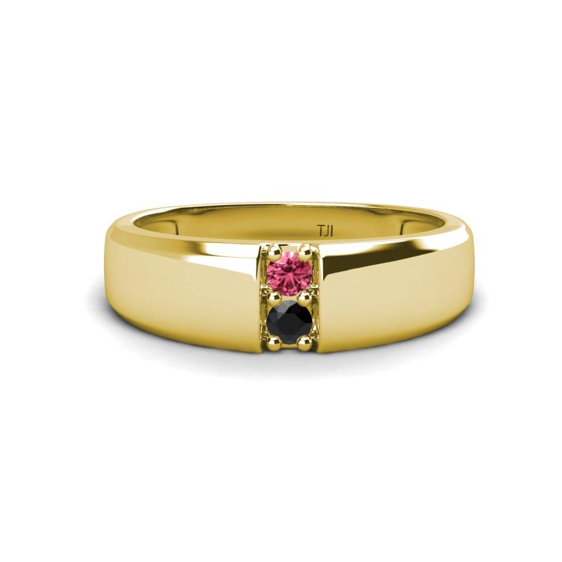 Ethan 3.00 mm Round Pink Tourmaline and Black Diamond 2 Stone Men Wedding Ring 