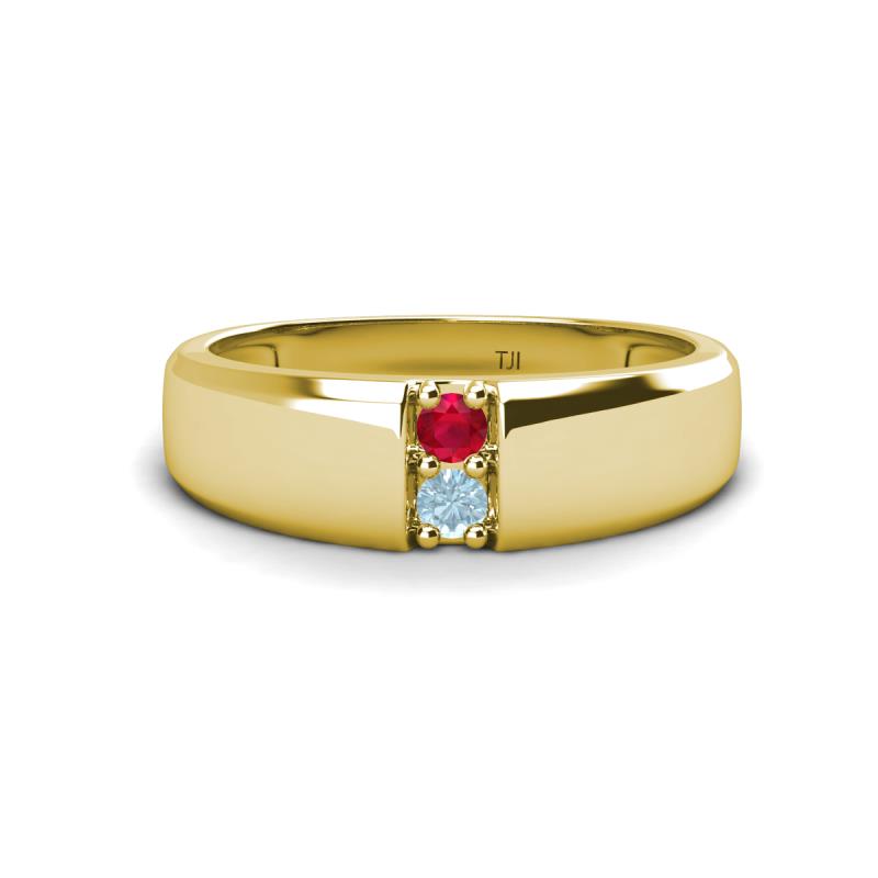 Ethan 3.00 mm Round Ruby and Aquamarine 2 Stone Men Wedding Ring 