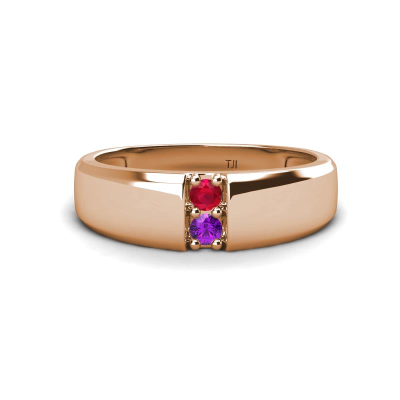 Ethan 3.00 mm Round Ruby and Amethyst 2 Stone Men Wedding Ring 