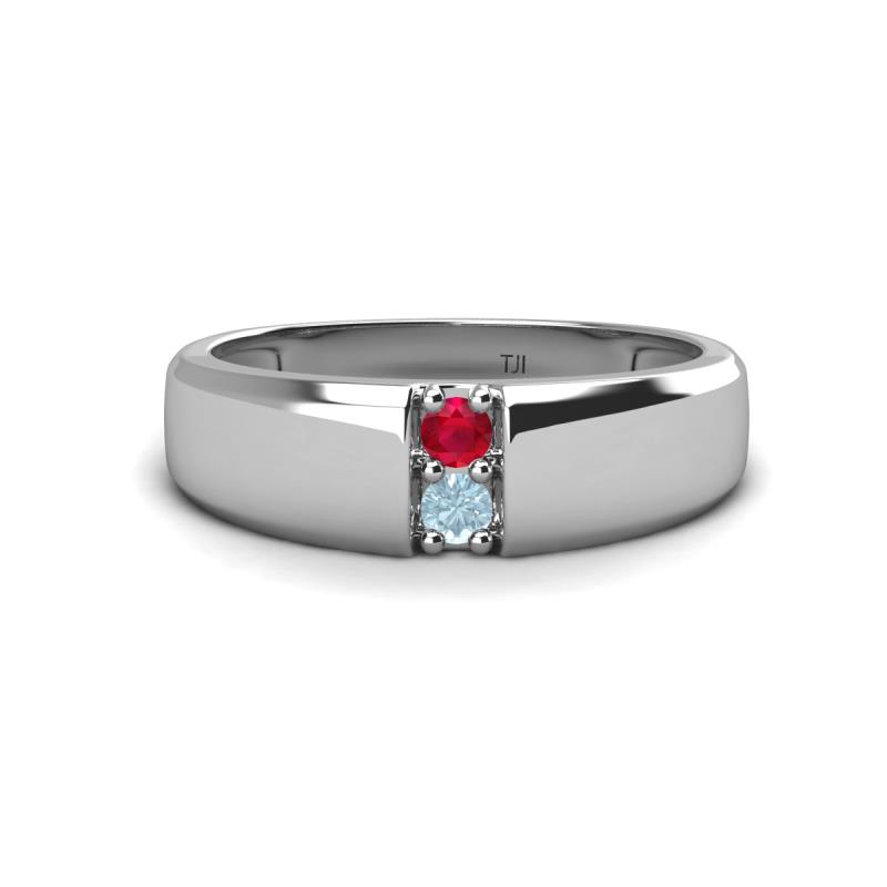 Ethan 3.00 mm Round Ruby and Aquamarine 2 Stone Men Wedding Ring 