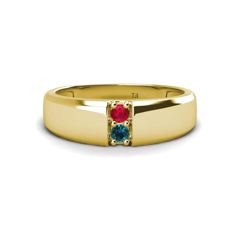 Ethan 3.00 mm Round Ruby and Blue Diamond 2 Stone Men Wedding Ring 