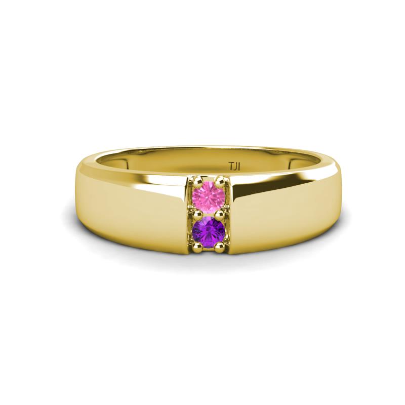 Ethan 3.00 mm Round Pink Sapphire and Amethyst 2 Stone Men Wedding Ring 