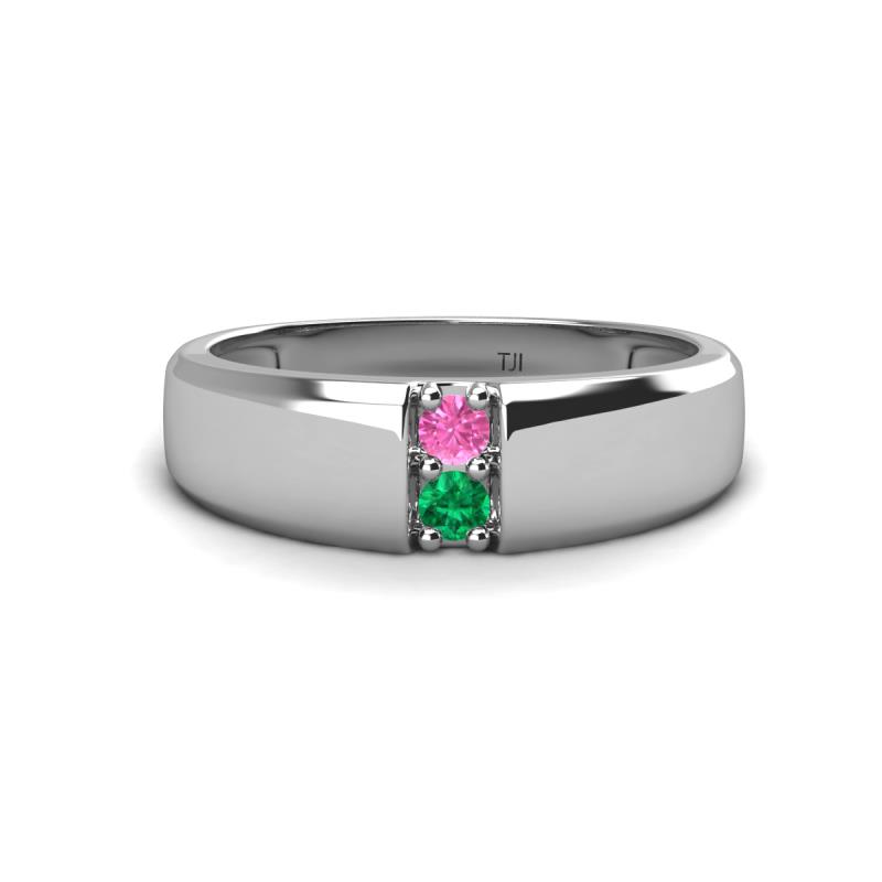 Ethan 3.00 mm Round Pink Sapphire and Emerald 2 Stone Men Wedding Ring 