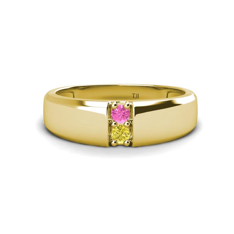 Ethan 3.00 mm Round Pink Sapphire and Yellow Diamond 2 Stone Men Wedding Ring 