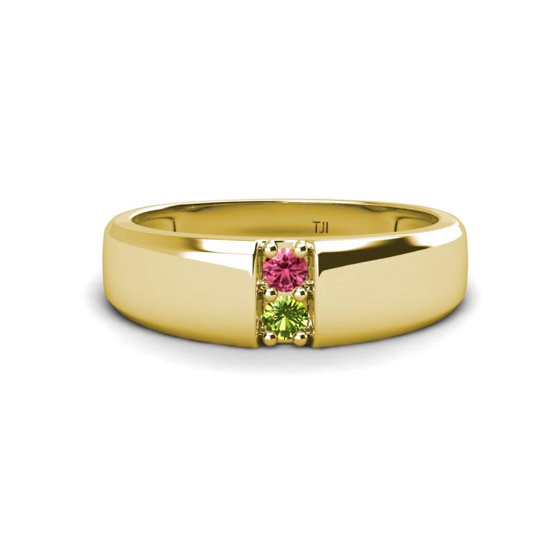 Ethan 3.00 mm Round Pink Tourmaline and Peridot 2 Stone Men Wedding Ring 