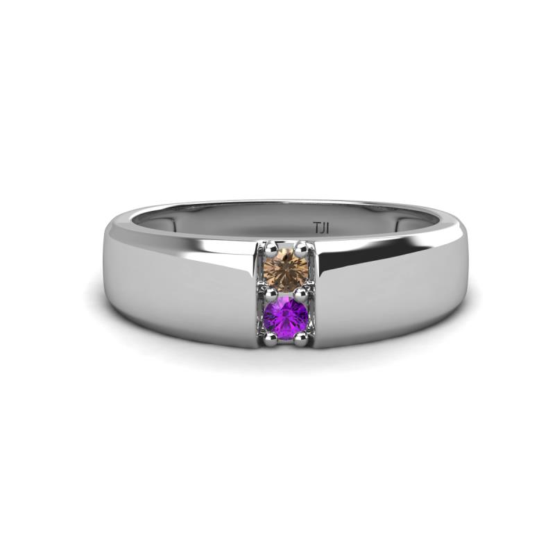 Ethan 3.00 mm Round Smoky Quartz and Amethyst 2 Stone Men Wedding Ring 