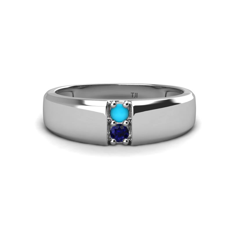 Ethan 3.00 mm Round Turquoise and Blue Sapphire 2 Stone Men Wedding Ring 
