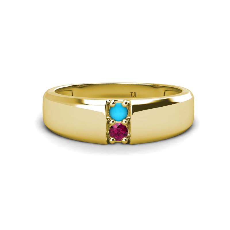 Ethan 3.00 mm Round Turquoise and Rhodolite Garnet 2 Stone Men Wedding Ring 