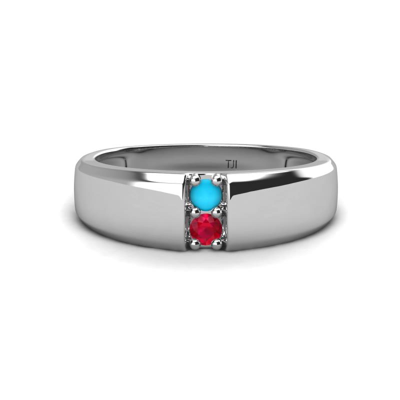 Ethan 3.00 mm Round Turquoise and Ruby 2 Stone Men Wedding Ring 