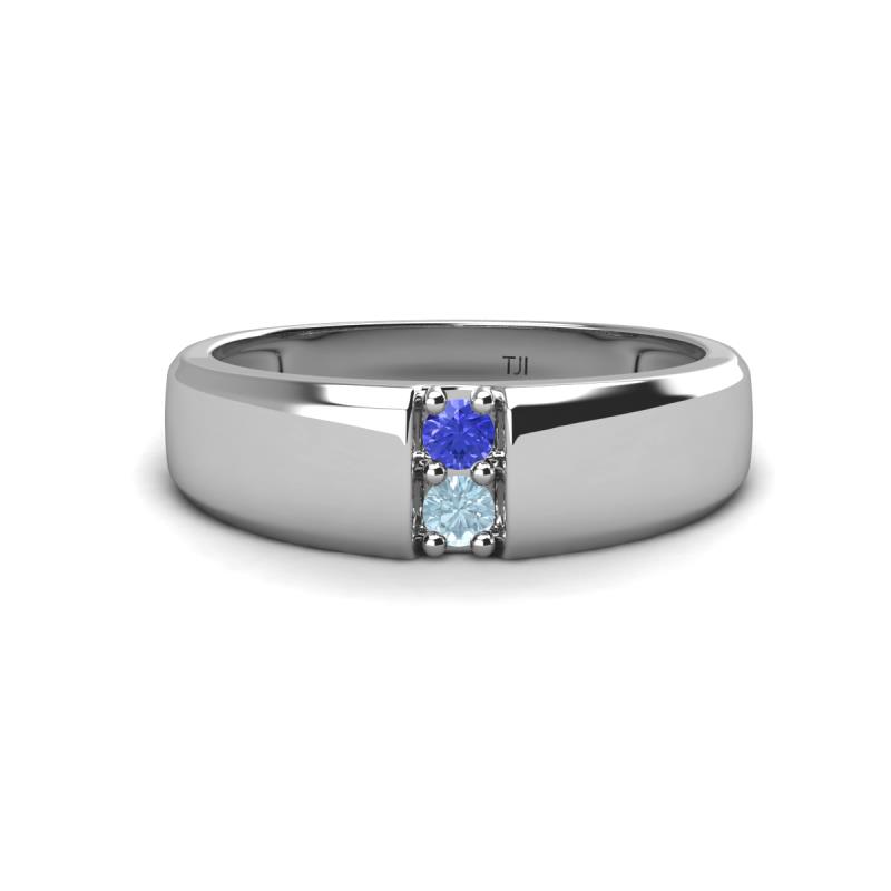 Ethan 3.00 mm Round Tanzanite and Aquamarine 2 Stone Men Wedding Ring 