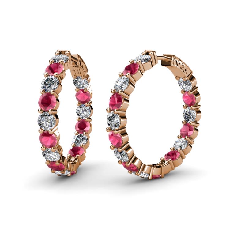Carisa 11.98 ctw (4.50 mm) Inside Outside Round Rhodolite Garnet and Natural Diamond Eternity Hoop Earrings 